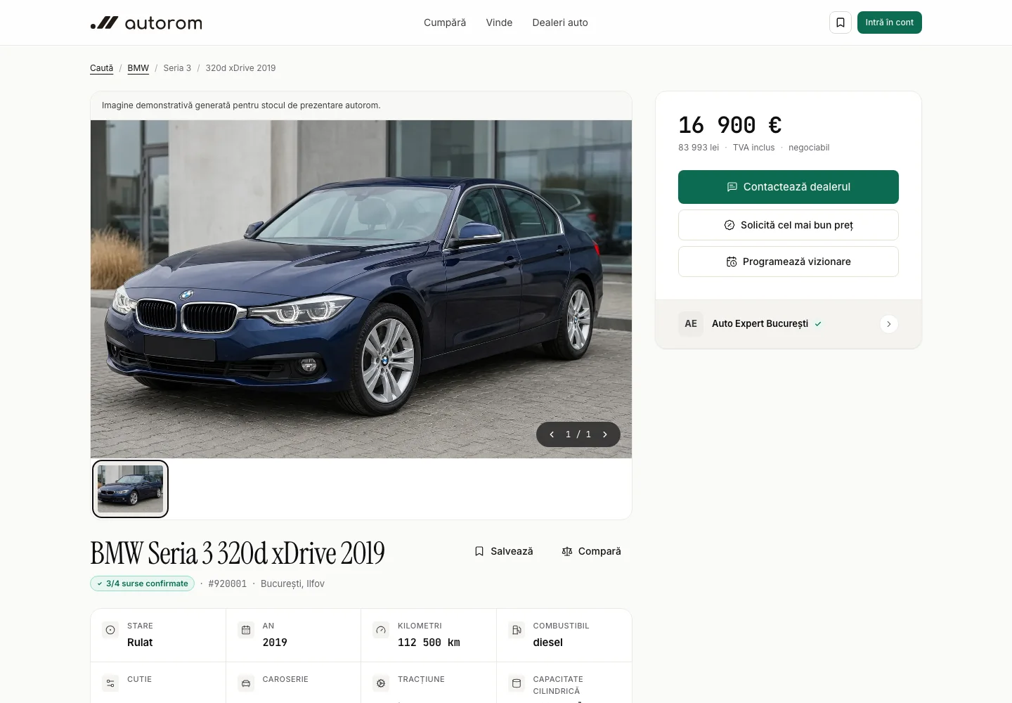 Pagina unui vehicul autorom cu fotografia și datele dealerului